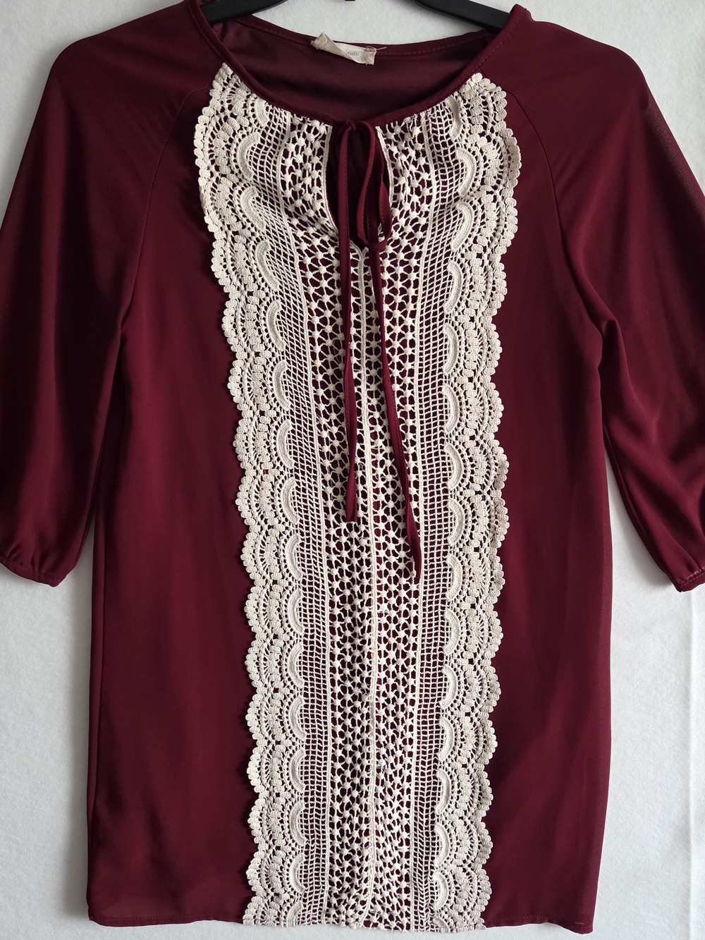 Altar'd State Burgundy Shift Tunic Dress Crochet Lace Detail 3/4 Puff Sleeve - S